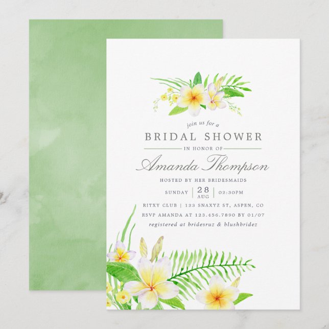 Exotic Watercolor Frangipani Flowers Bridal Shower Invitation (Front/Back)