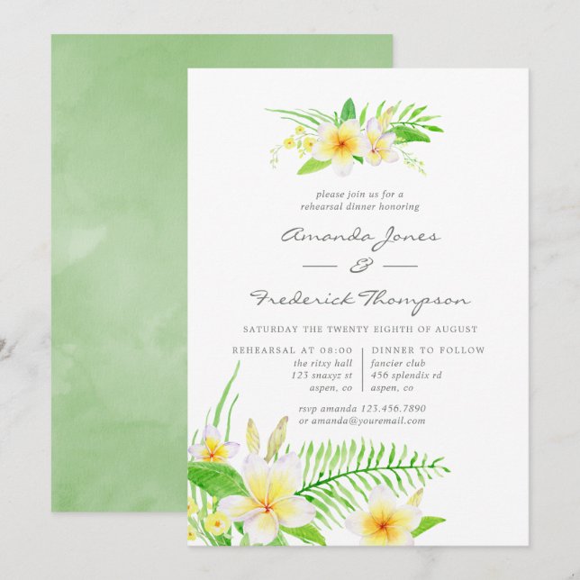Exotic Watercolor Frangipani Rehearsal Dinner Invitation (Front/Back)