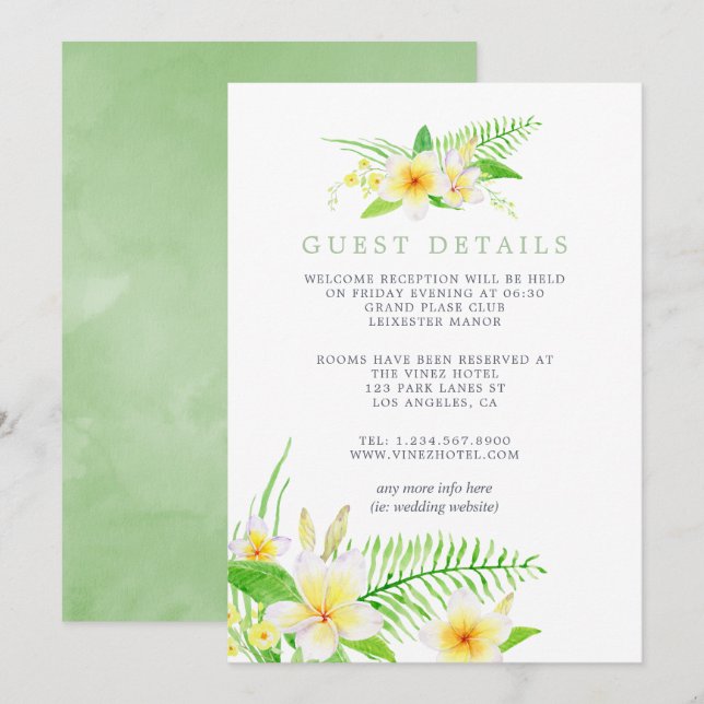 Exotic Watercolor Frangipani Wedding Guest Details Invitation (Front/Back)