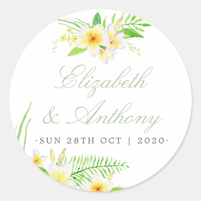 Exotic Watercolor Frangipanis Wedding Classic Round Sticker (Front)