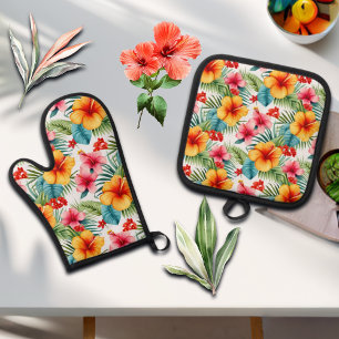 Exotic Watercolor Hawaiian Floral Oven Mitt & Pot Holder Set