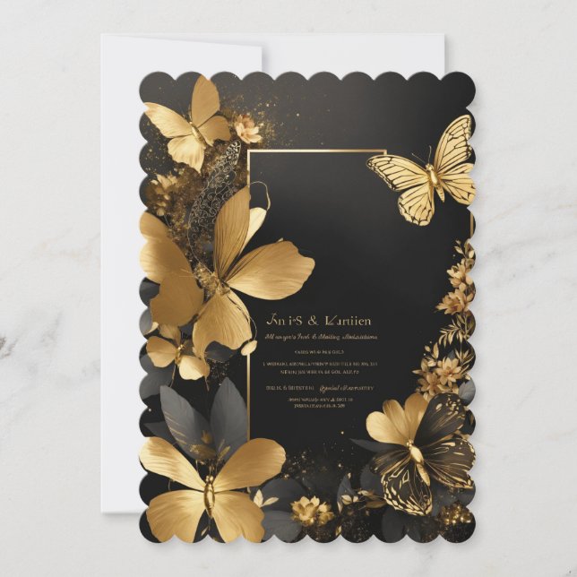 Exotic Wedding Black Gold Floral Butterfly Invitat (Front)