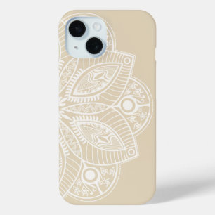 Exotic White Mandala on Beige Background iPhone 15 Case