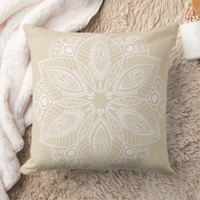 Exotic White Mandala on Beige Background Cushion (Blanket)