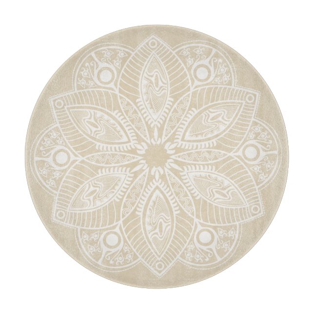 Exotic White Mandala on Beige Background Cutting Board (Front)