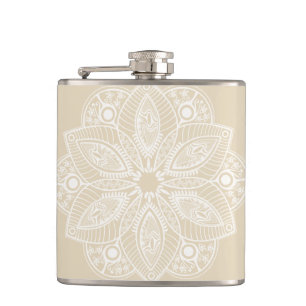 Exotic White Mandala on Beige Background Hip Flask