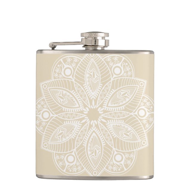 Exotic White Mandala on Beige Background Hip Flask (Front)