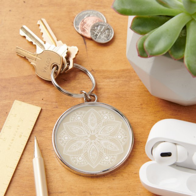 Exotic White Mandala on Beige Background Key Ring (Desk)