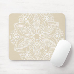 Exotic White Mandala on Beige Background Mouse Mat