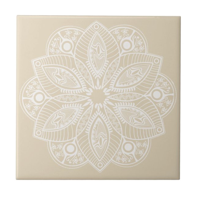 Exotic White Mandala on Beige Background Tile (Front)