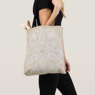 Exotic White Mandala on Beige Background Tote Bag