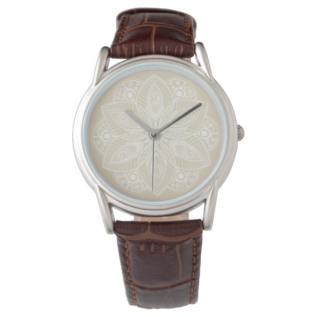 Exotic White Mandala on Beige Background Watch (Front)