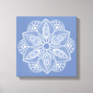 Exotic White Mandala on Blue Background Canvas Print