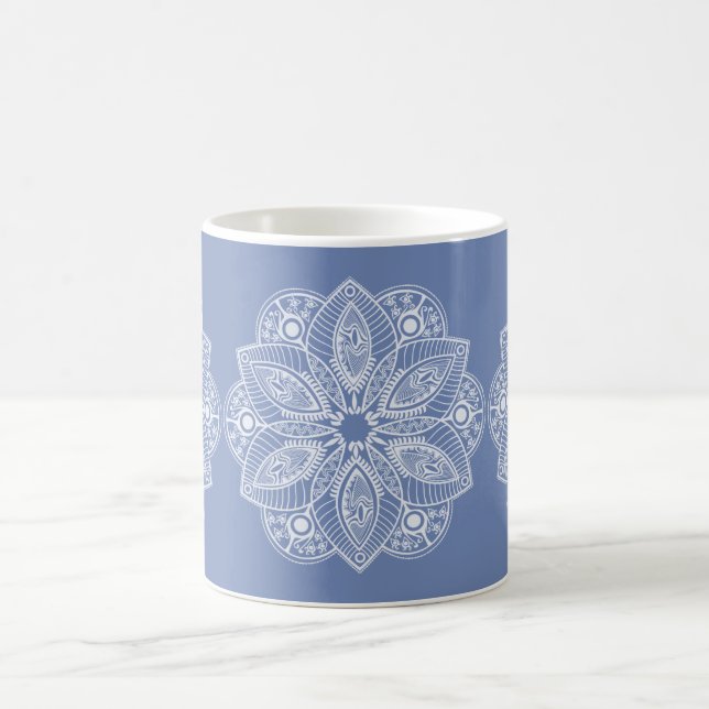 Exotic White Mandala on Blue Background Coffee Mug (Center)