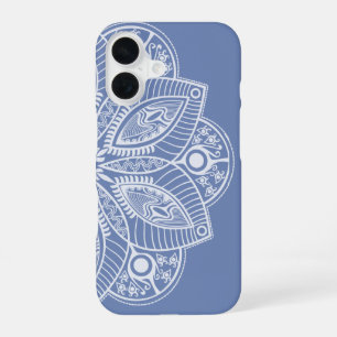 Exotic White Mandala on Blue Background iPhone 16 Case