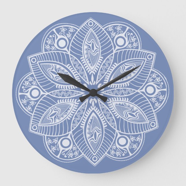 Exotic White Mandala on Blue Background Large Clock (Front)
