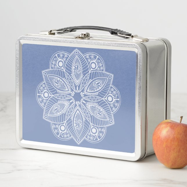Exotic White Mandala on Blue Background Metal Lunch Box (In Situ)