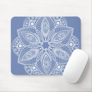 Exotic White Mandala on Blue Background Mouse Mat