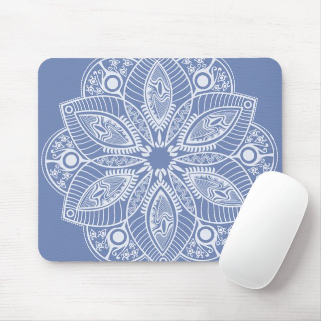 Exotic White Mandala on Blue Background Mouse Mat (With Mouse)