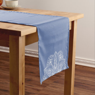 Exotic White Mandala on Blue Background Short Table Runner