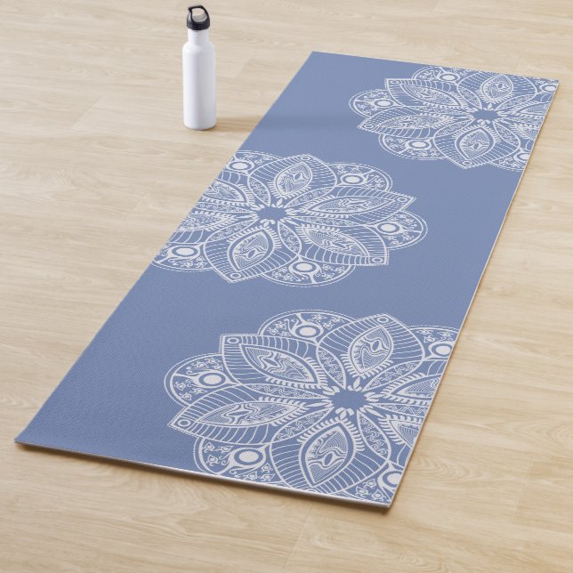Exotic White Mandala on Blue Background Yoga Mat (In Situ)