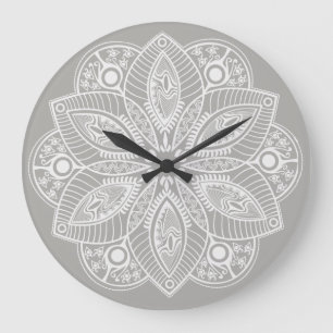 Exotic White Mandala on Gray Background Large Clock