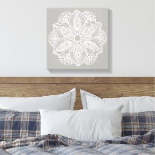 Exotic White Mandala on Grey Background Canvas Print