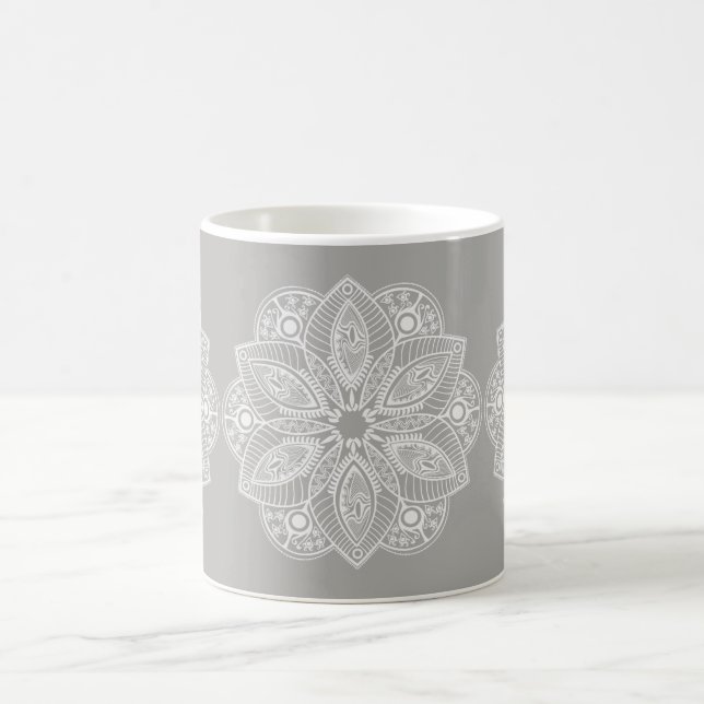 Exotic White Mandala on Grey Background Coffee Mug (Center)