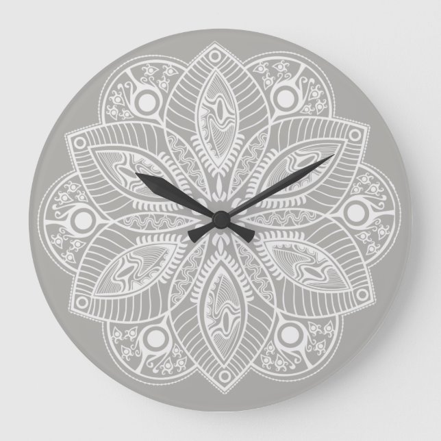 Exotic White Mandala on Grey Background Large Clock (Front)