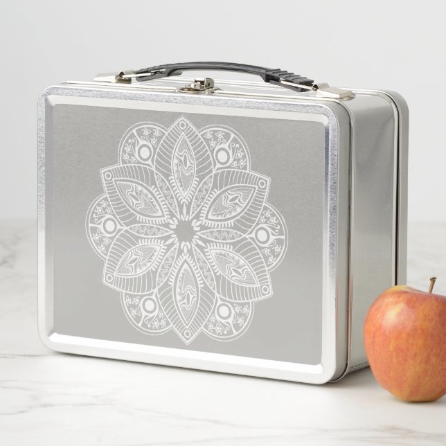 Exotic White Mandala on Grey Background Metal Lunch Box (In Situ)