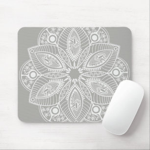 Exotic White Mandala on Grey Background Mouse Mat