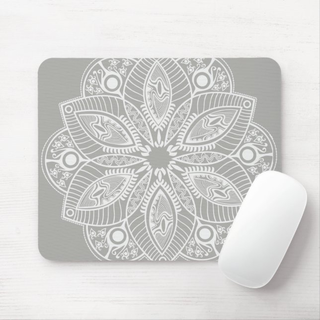 Exotic White Mandala on Grey Background Mouse Mat (With Mouse)