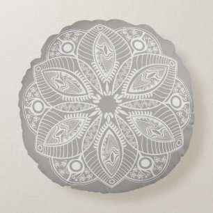 Exotic White Mandala on Grey Background Round Cushion