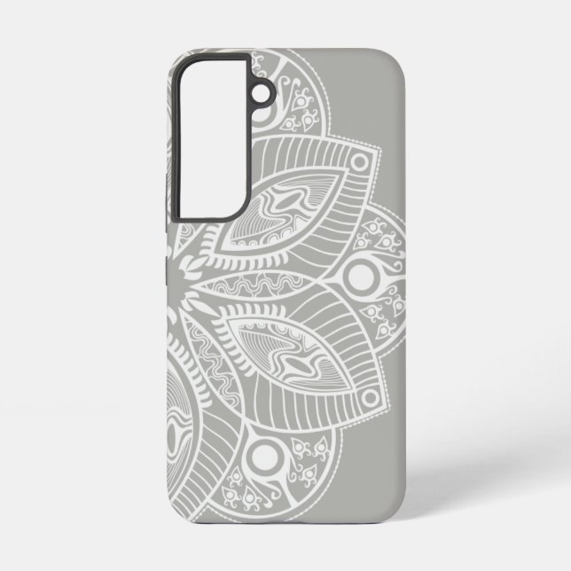 Exotic White Mandala on Grey Background Samsung Galaxy S22 Case (Back)