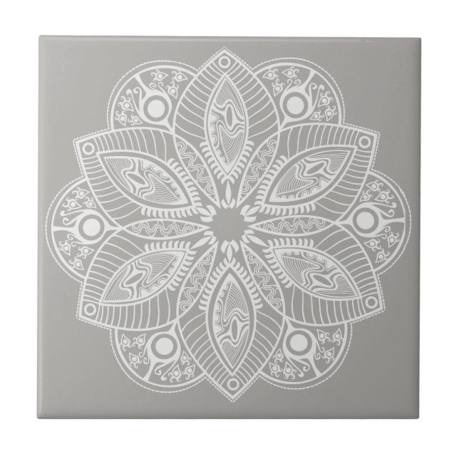 Exotic White Mandala on Grey Background Tile (Front)