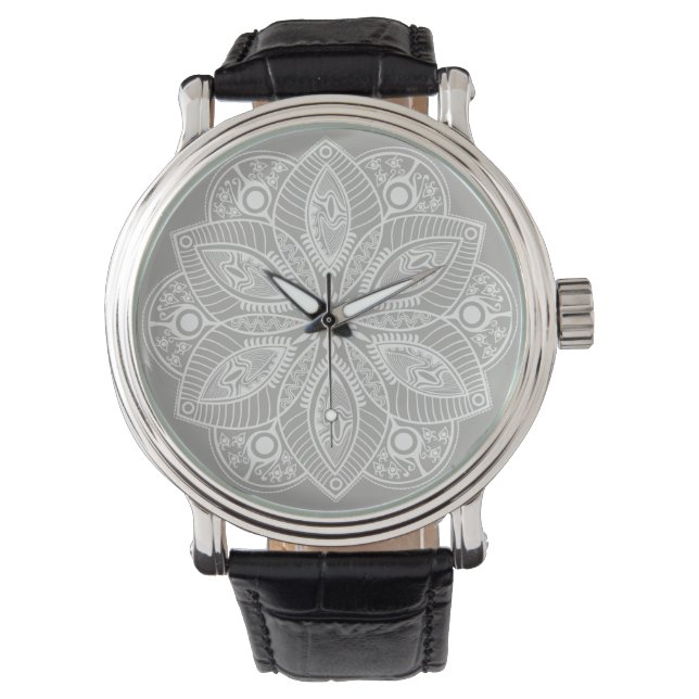 Exotic White Mandala on Grey Background Watch (Front)