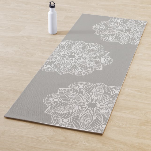 Exotic White Mandala on Grey Background Yoga Mat (In Situ)