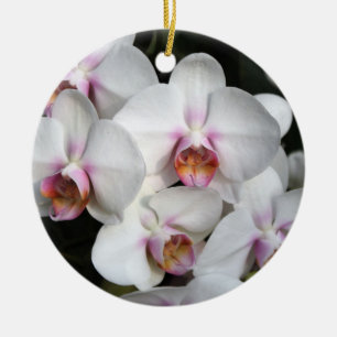 Exotic white orchid flower. Happy birthday. Ceramic Tree Decoration