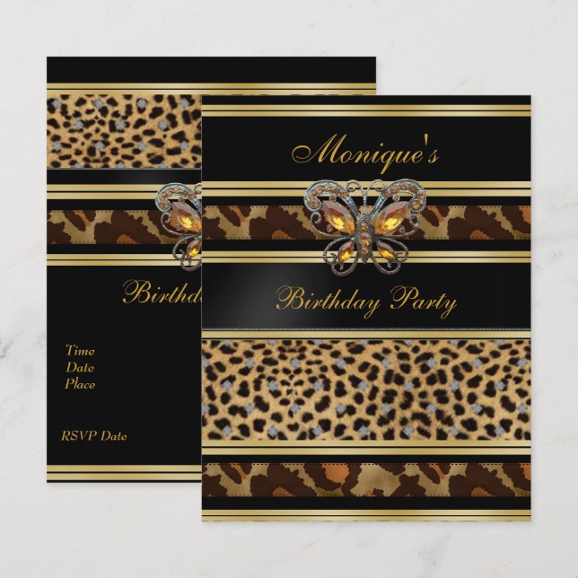 Exotic Wild Animal Prints Birthday Black Gold 2 Invitation (Front/Back)