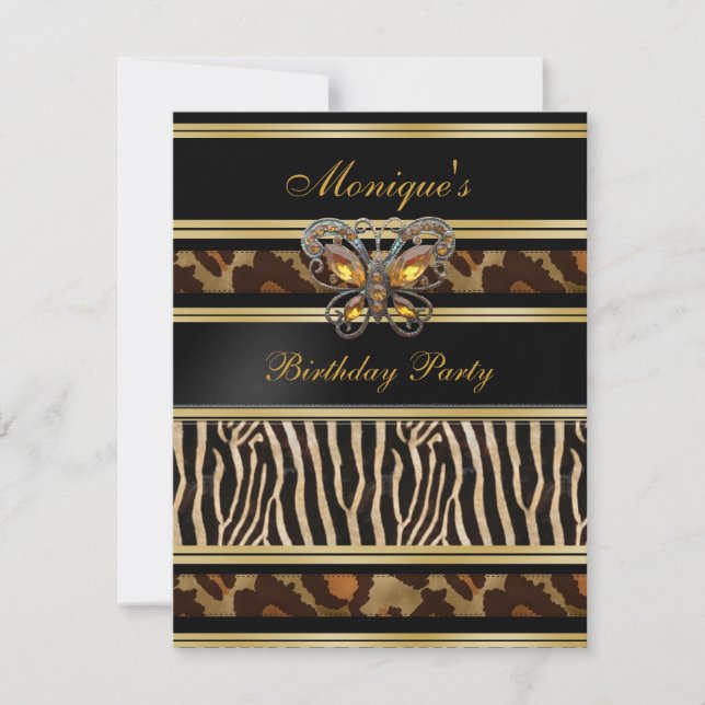 Exotic Wild Animal Prints Birthday Black Gold Invitation (Front)