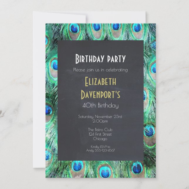 Exotic Wild Peacock Feathers Birthday Party Invite (Front)