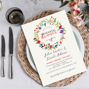 Exotic Wood Wildflower Wreath Rehearsal Dinner Invitation