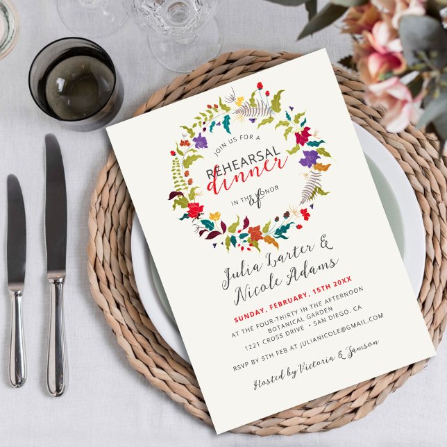 Exotic Wood Wildflower Wreath Rehearsal Dinner Invitation (Creator Uploaded)