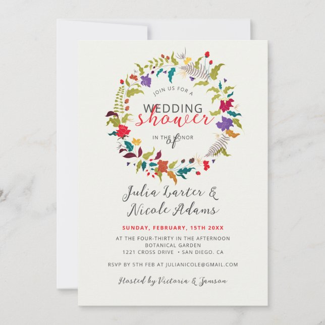 Exotic Woodland Wildflower Wreath Wedding Shower Invitation (Front)
