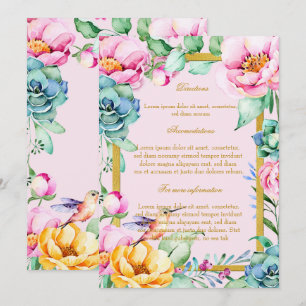 Exotical Bird-Gold Frame&Flower Wedding Directions Invitation