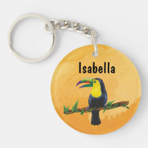 Exotischer Tucan mit Aquarell Hintergrund orange Key Ring