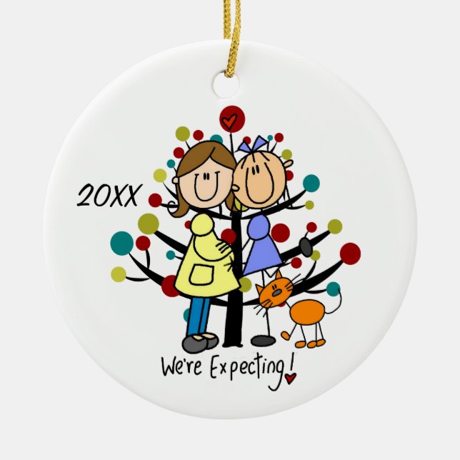 Expectant Couple Two Moms Cat Holiday Ornament (Front)