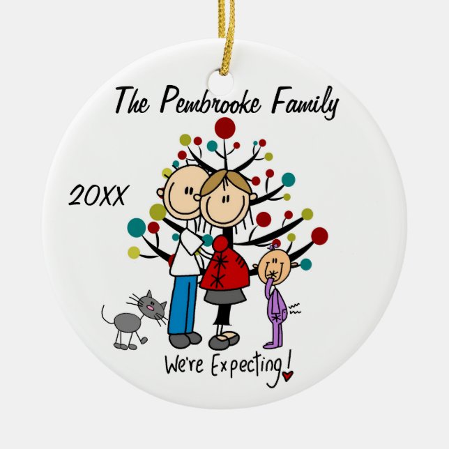 Expectant Couple with Toddler Girl/Cat Ornament (Front)