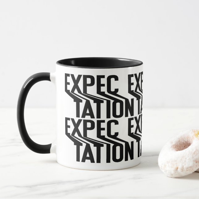 Expectation - Kinetic Glitch Typography Black Mug (With Donut)