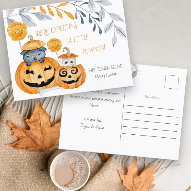 Expecting a Little Pumpkin Halloween Pregnancy Announcement Postcard (Creator Uploaded)